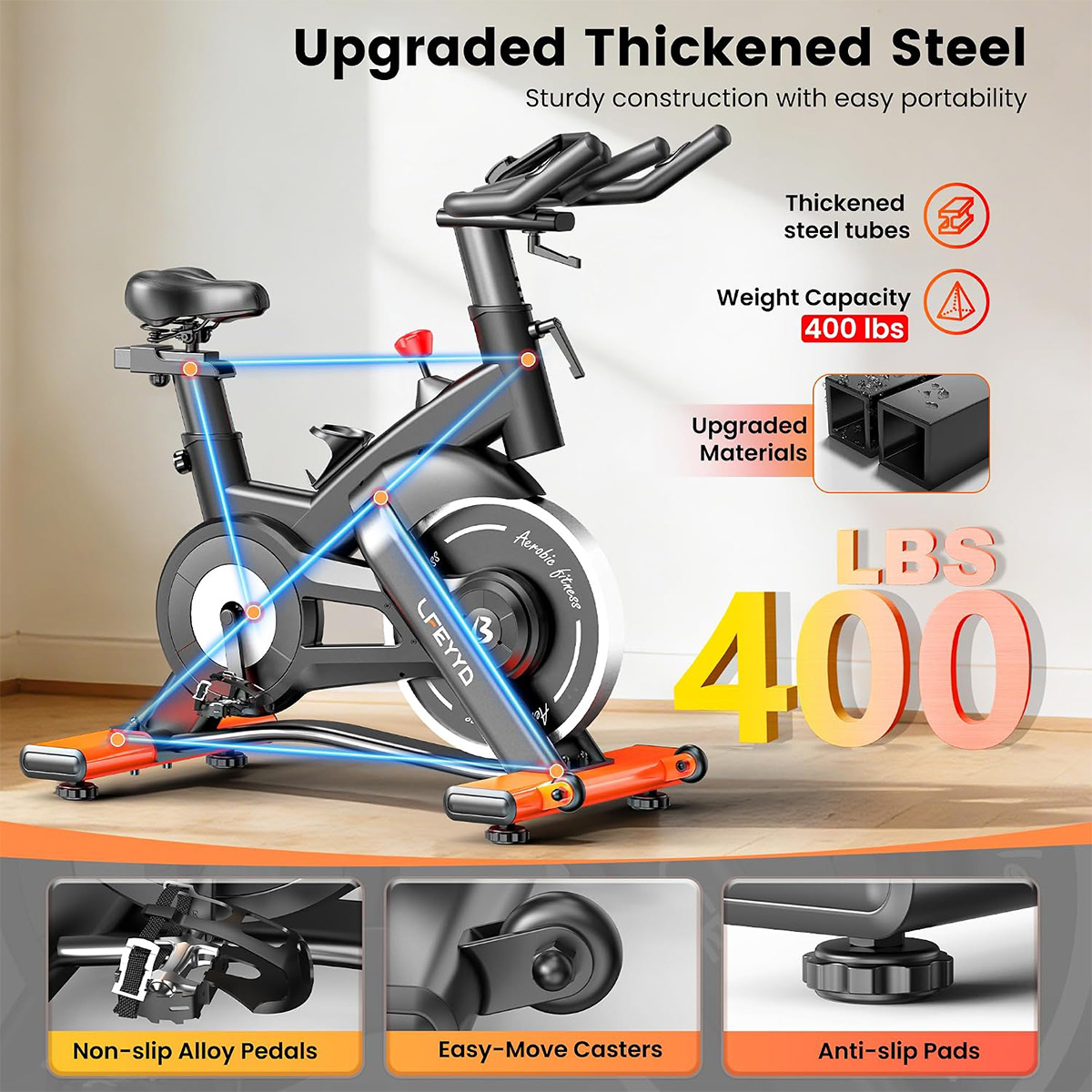 Pooboo エクササイズバイク、最大400ポンドまで対応の - Exercise Bike Magnetic Resistance のレビューと価格